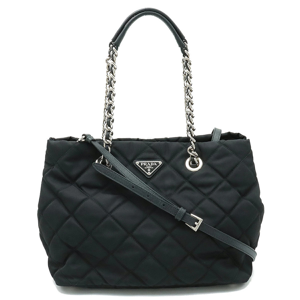 Prada Quilted Tote Bag Shoulder Chain Leather NERO Black
